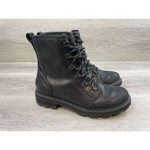 Sorel Lennox Women's Boot Combat Block Heel Lace-Up Leather 7 Black Shoes